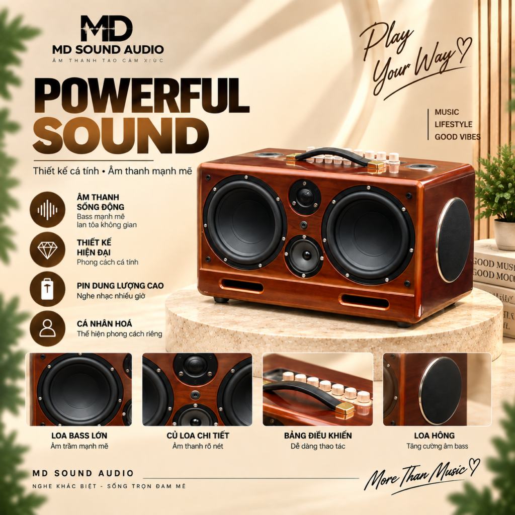 Loa karaoke xách tay MD Sound Wood Series 20 vỏ gỗ